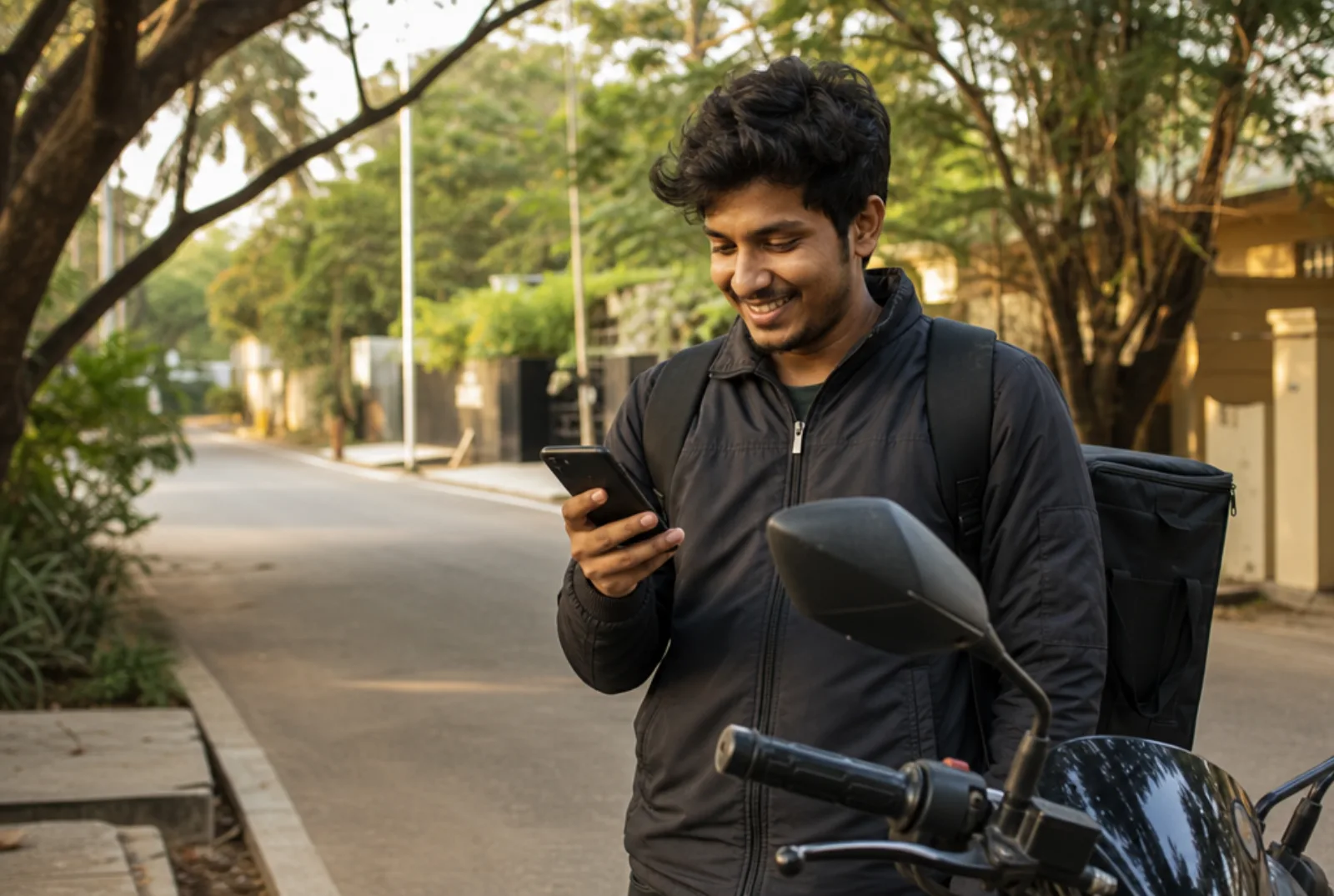 Delivery rider checking his weekly earnings on his phone